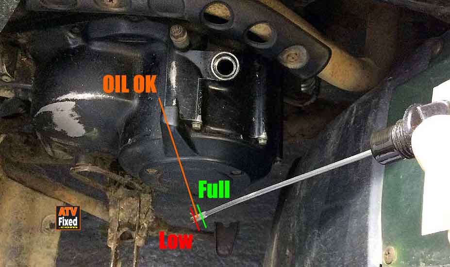 Close-up of checking ATV oil level